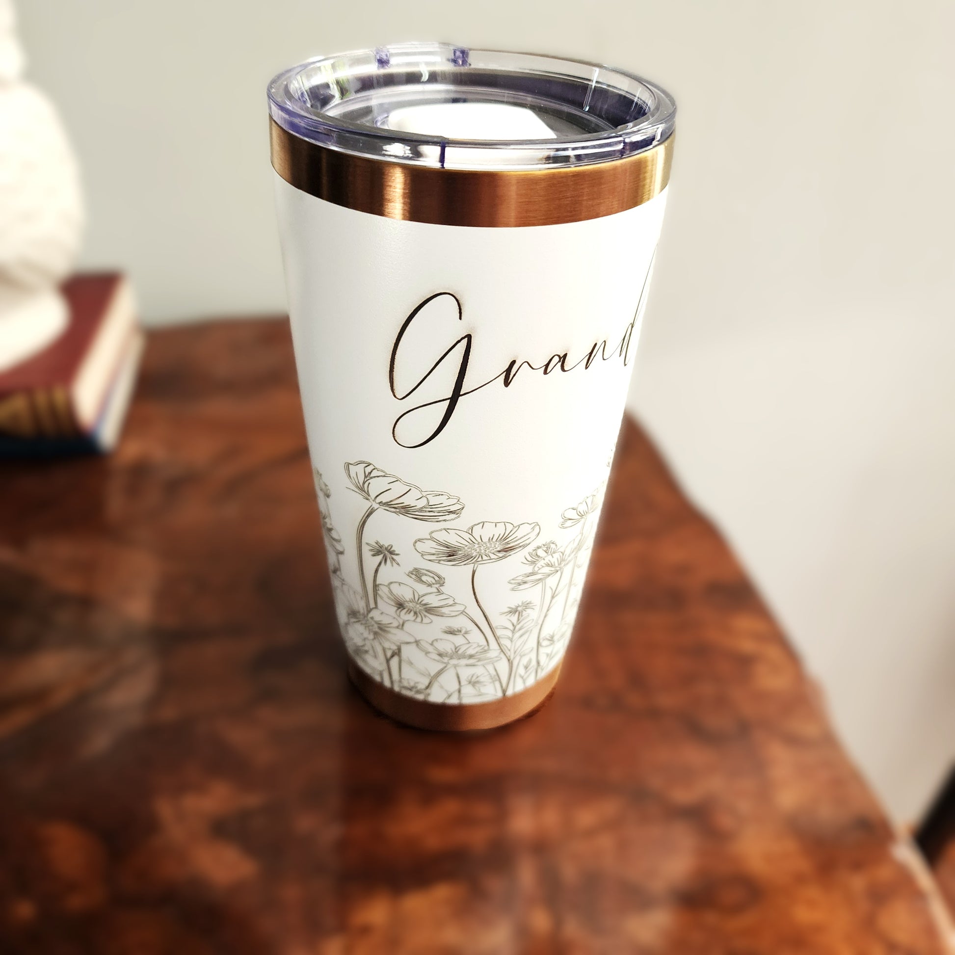 Left side custom white copper grandma wildflower tumbler