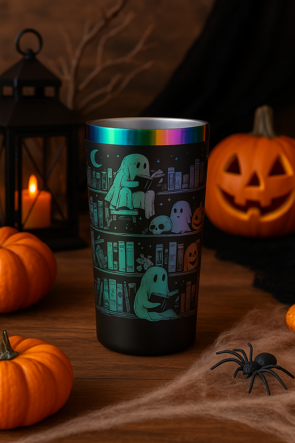 Halloween-themed tumbler with ghost design on a wooden surface with pumpkins and a spider.